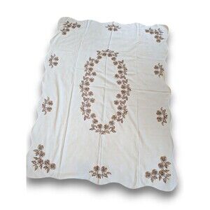 Vintage 1970s Hand Embroidered White Tablecloth w/ Brown Violets Floral 48x66